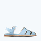Blue suede SERA FISHERMAN sandal by FREDA SALVADOR with front view showing stylish straps and comfortable design.