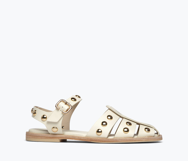 Freda Salvador Sera fisherman sandal in dove white calf leather with gold stud accents, front view showing sty