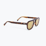 Sunglasses with tortoiseshell frame and reflective lenses on a white background