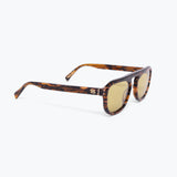 Sunglasses with tortoiseshell frame and reflective lenses on a white background