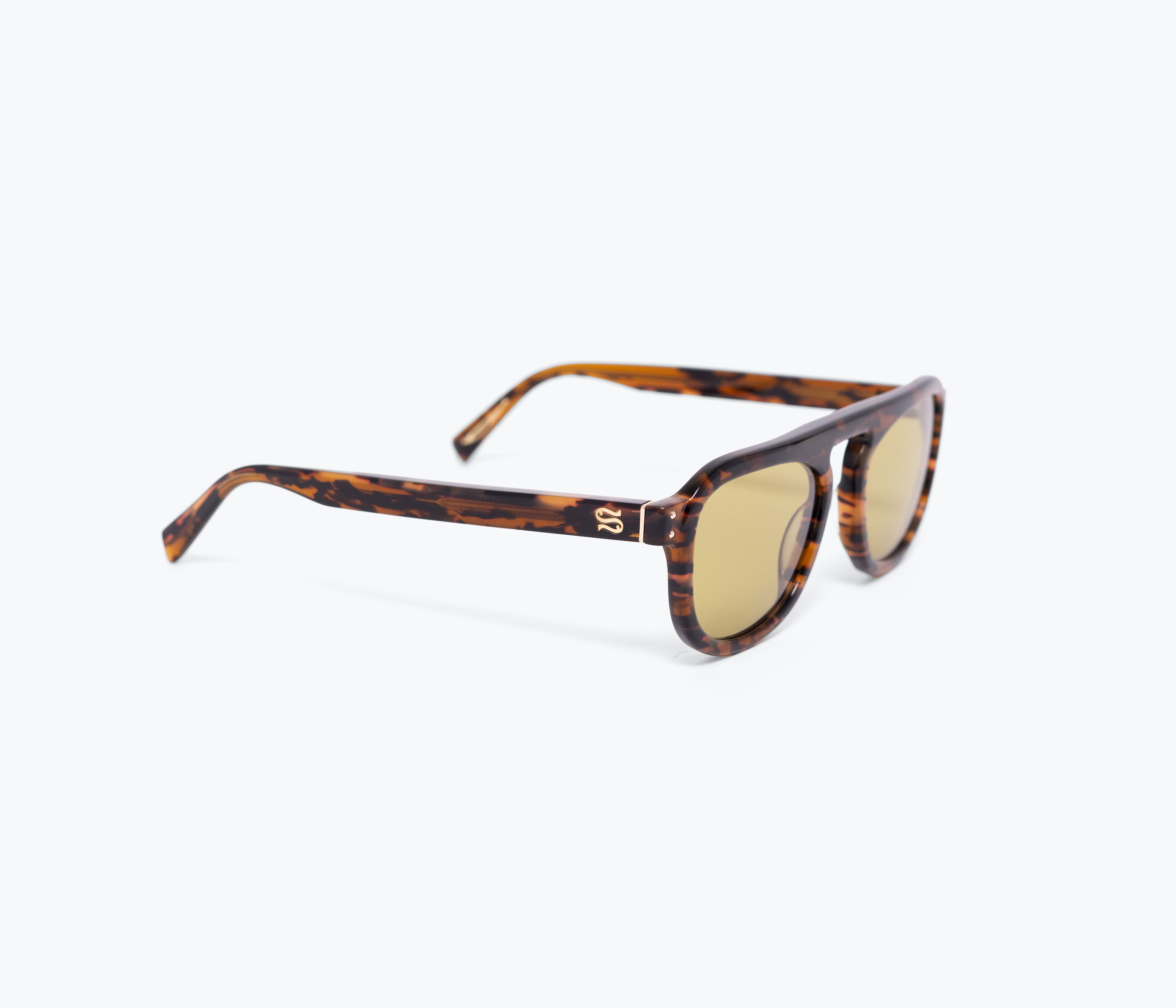 Sunglasses with tortoiseshell frame and reflective lenses on a white background