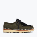 Freda Salvador Willow Lug Moccasin loafer in eucalyptus suede with shearling lining, front view showcasing stylish craftsmanship.