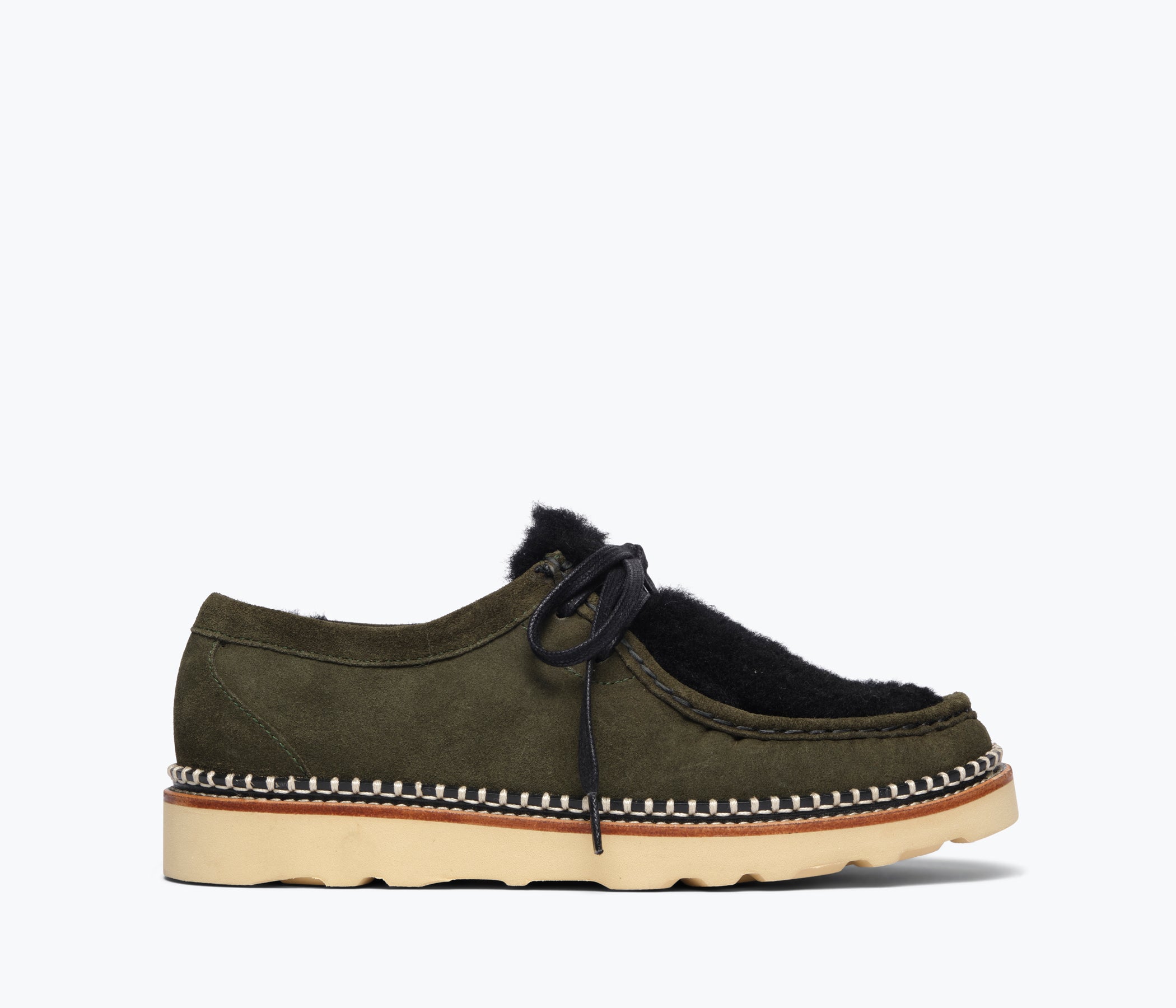 Freda Salvador Willow Lug Moccasin loafer in eucalyptus suede with shearling lining, front view showcasing stylish craftsmanship.
