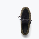FREDA SALVADOR Willow Lug Moccasin loafer in eucalyptus suede with shearling lining, showing the stylish top view.