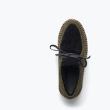 FREDA SALVADOR Willow Lug Moccasin loafer in eucalyptus suede with shearling lining, showing the stylish top view.