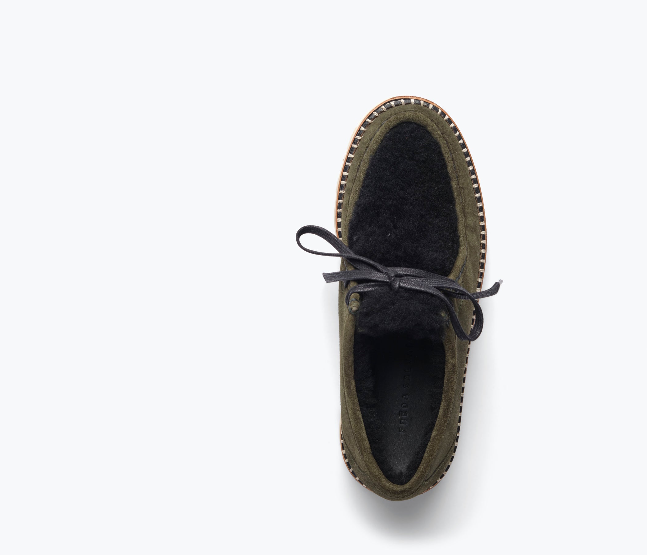 FREDA SALVADOR Willow Lug Moccasin loafer in eucalyptus suede with shearling lining, showing the stylish top view.