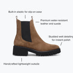 Brooke brown boot with features highlighted on a white background