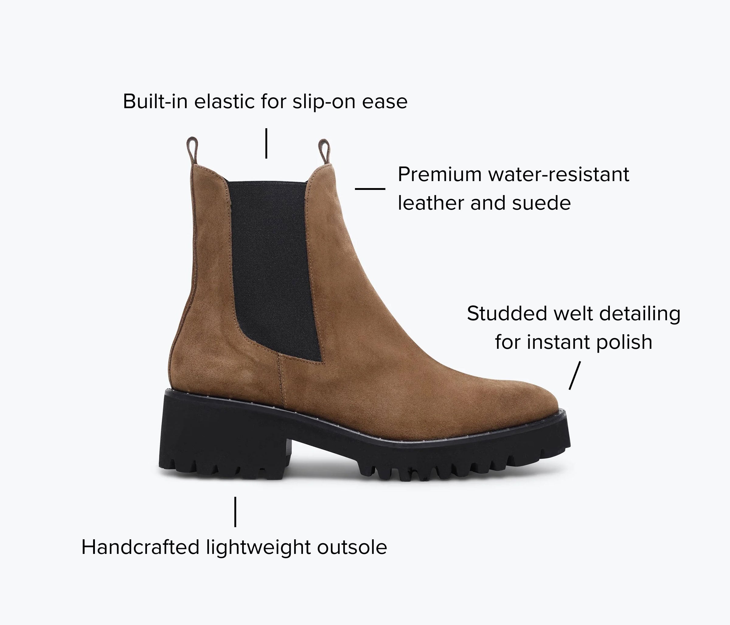 Brooke brown boot with features highlighted on a white background