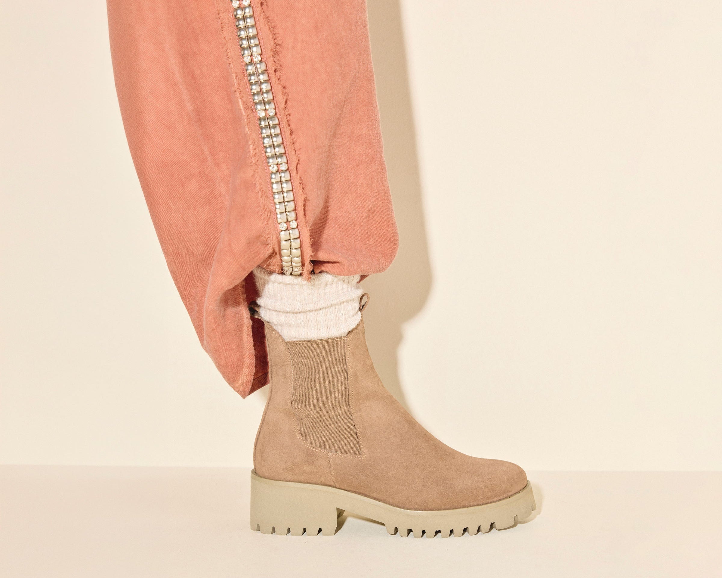 BROOKE rain resistant boot in Sesame Suede WR, side view