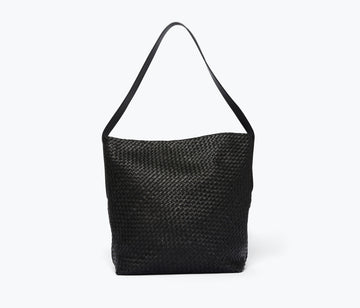 Freda Salvador Cala tote bag in black woven calf leather with strap, stylish and spacious for daily use.