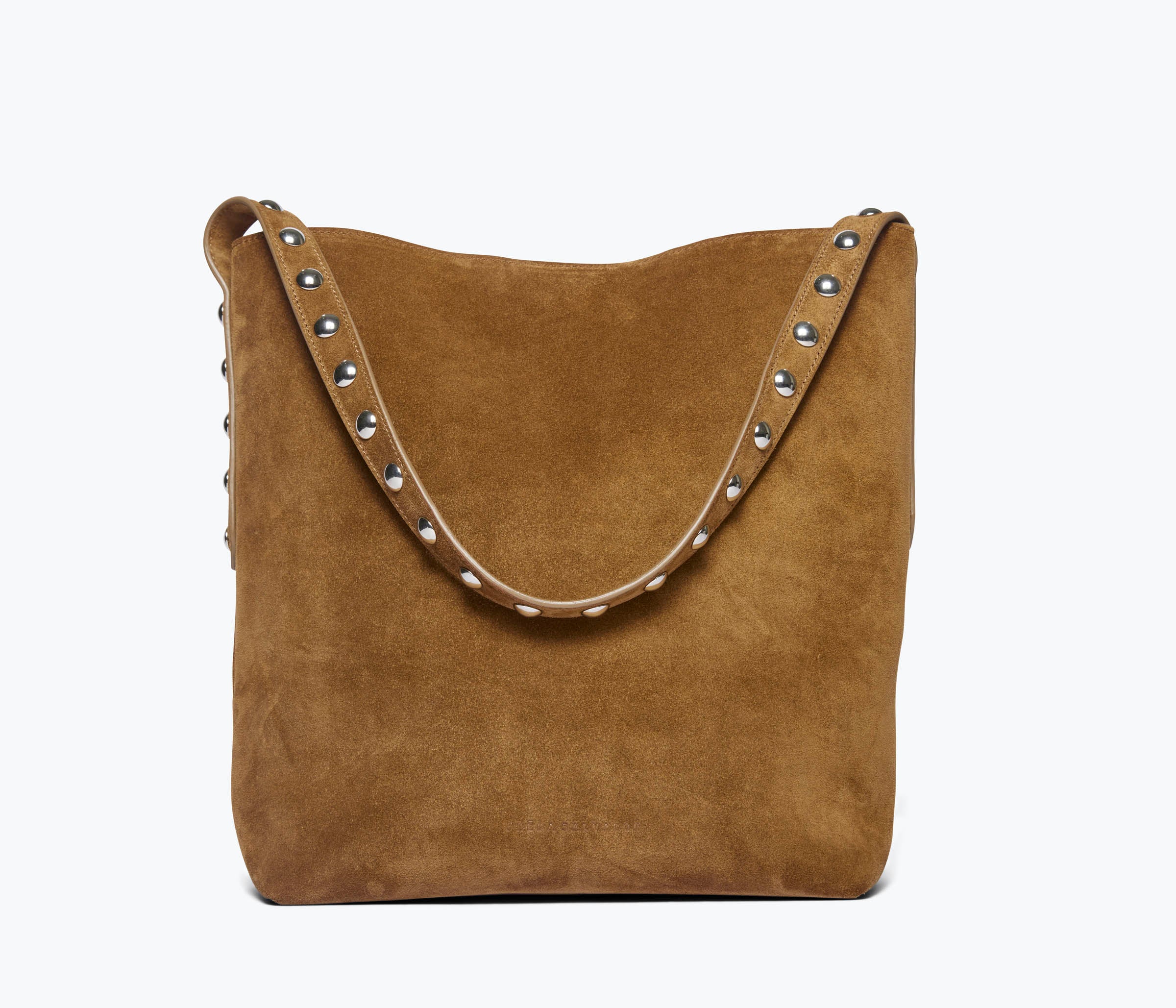 Freda Salvador CALA studded brown suede tote bag with sleek design and metal stud accents, front view.
