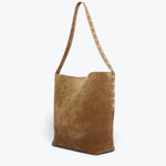 Cappauccino suede CALA Studded Tote bag by FREDA SALVADOR with gold-tone stud accents and structured design.