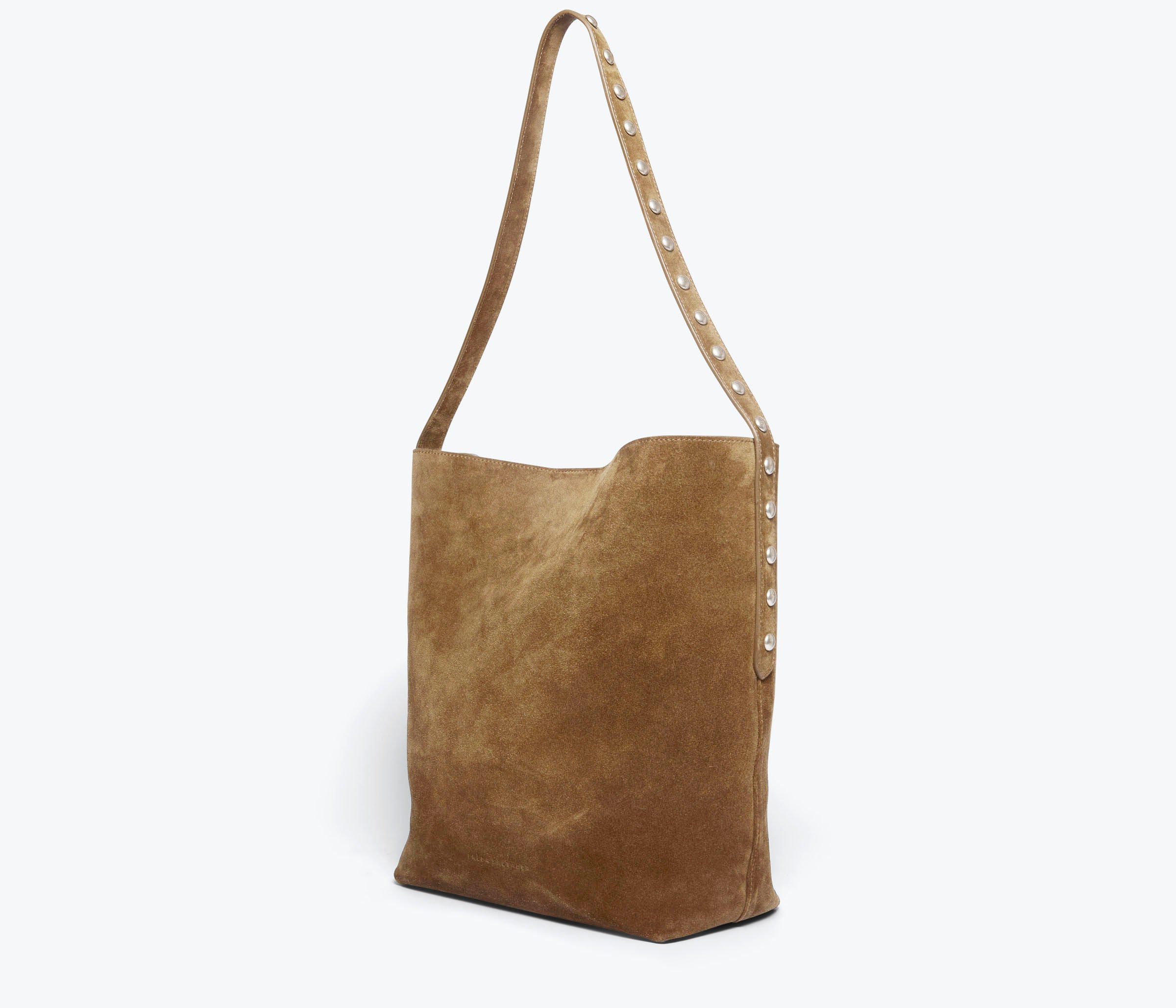 Cappauccino suede CALA Studded Tote bag by FREDA SALVADOR with gold-tone stud accents and structured design.