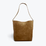 Cappuccino suede CALA studded tote bag by FREDA SALVADOR with gold-tone hardware and top handles, front view.