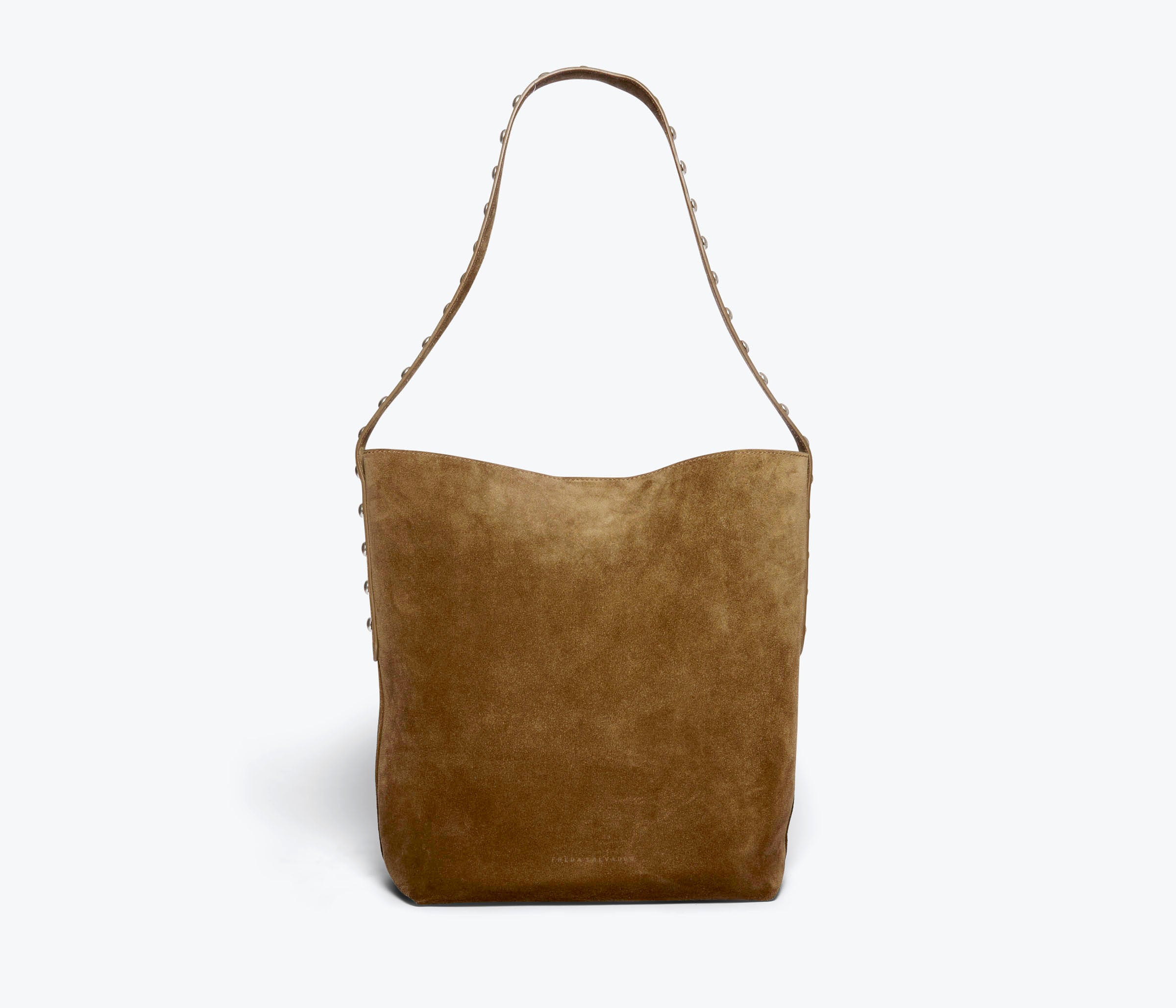 Cappuccino suede CALA studded tote bag by FREDA SALVADOR with gold-tone hardware and top handles, front view.