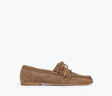 Freda Salvador Celeste Fringe Loafer in sesame suede with fringe detail and classic loafer design, front view.