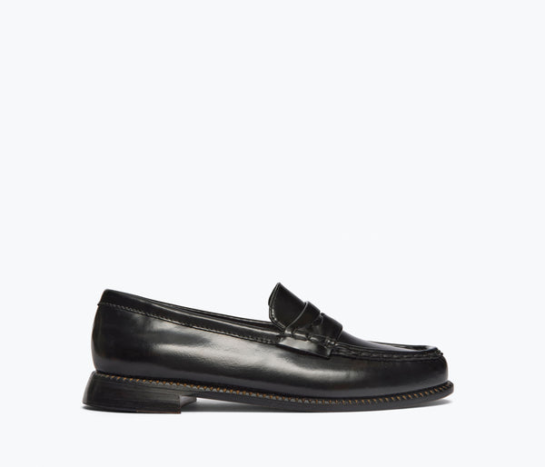 Black FREDA SALVADOR Elba Penny Loafer with sleek leather design and classic penny slot, viewed from the front