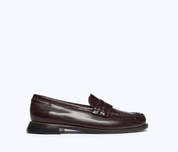 Freda Salvador Elba Penny Loafer in espresso leather, front view showing classic loafer silhouette and detaile