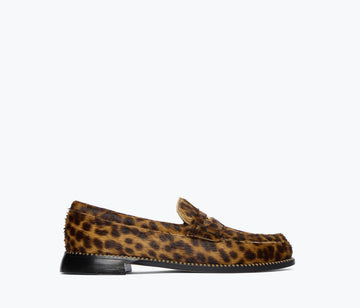 Freda Salvador Elba Penny Loafer in leopard hair calf leather, showing the front view of the stylish slip-on footwear.
