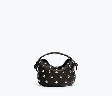 Freda Salvador Elis Mini Crescent Bag in black with front view, compact design, and adjustable strap.