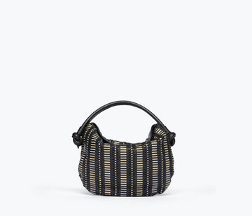 Freda Salvador Elis Mini Crescent Handbag in black with vanilla woven front, compact stylish handbag with curved shape.