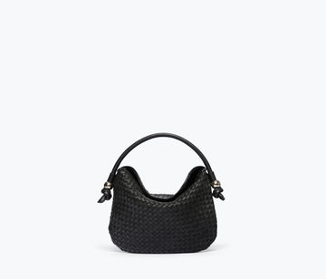 FREDA SALVADOR Elis Mini Crescent Bag in black woven calf leather with front detail and compact design.
