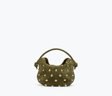 Freda Salvador Elis Mini Crescent Handbag in olive suede with gold studs, front view showing crescent shape and stylish design.