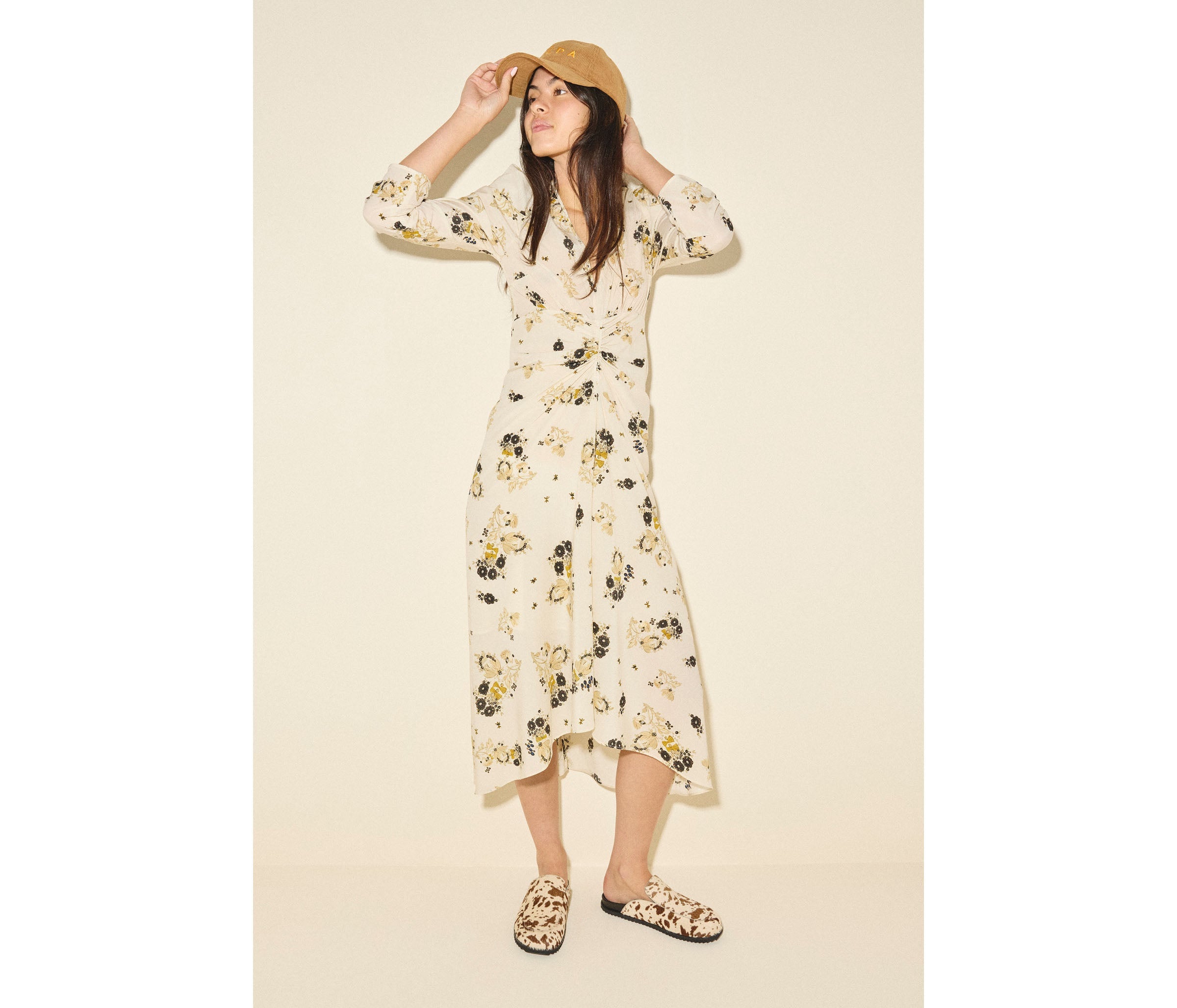 ELLEN footbed mule in brown and white haircalf, styled on figure