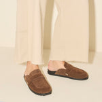 ELLEN footbed mule in mocha suede, on figure
