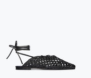 Black ETTA woven ankle lace-up mule by Freda Salvador with front calf strap and flat sole.