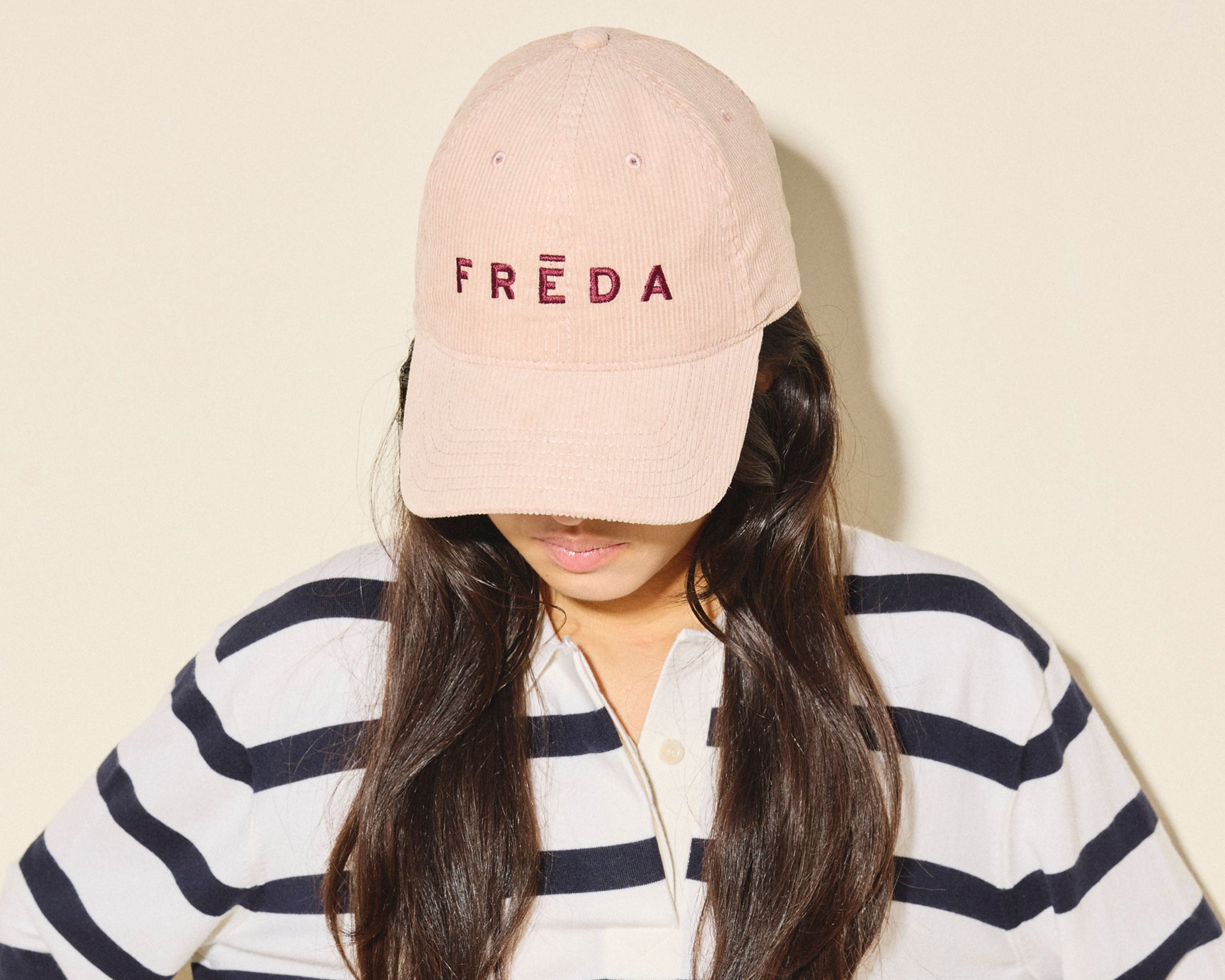 Embroidered Freda Hat in blush corduroy, on figure