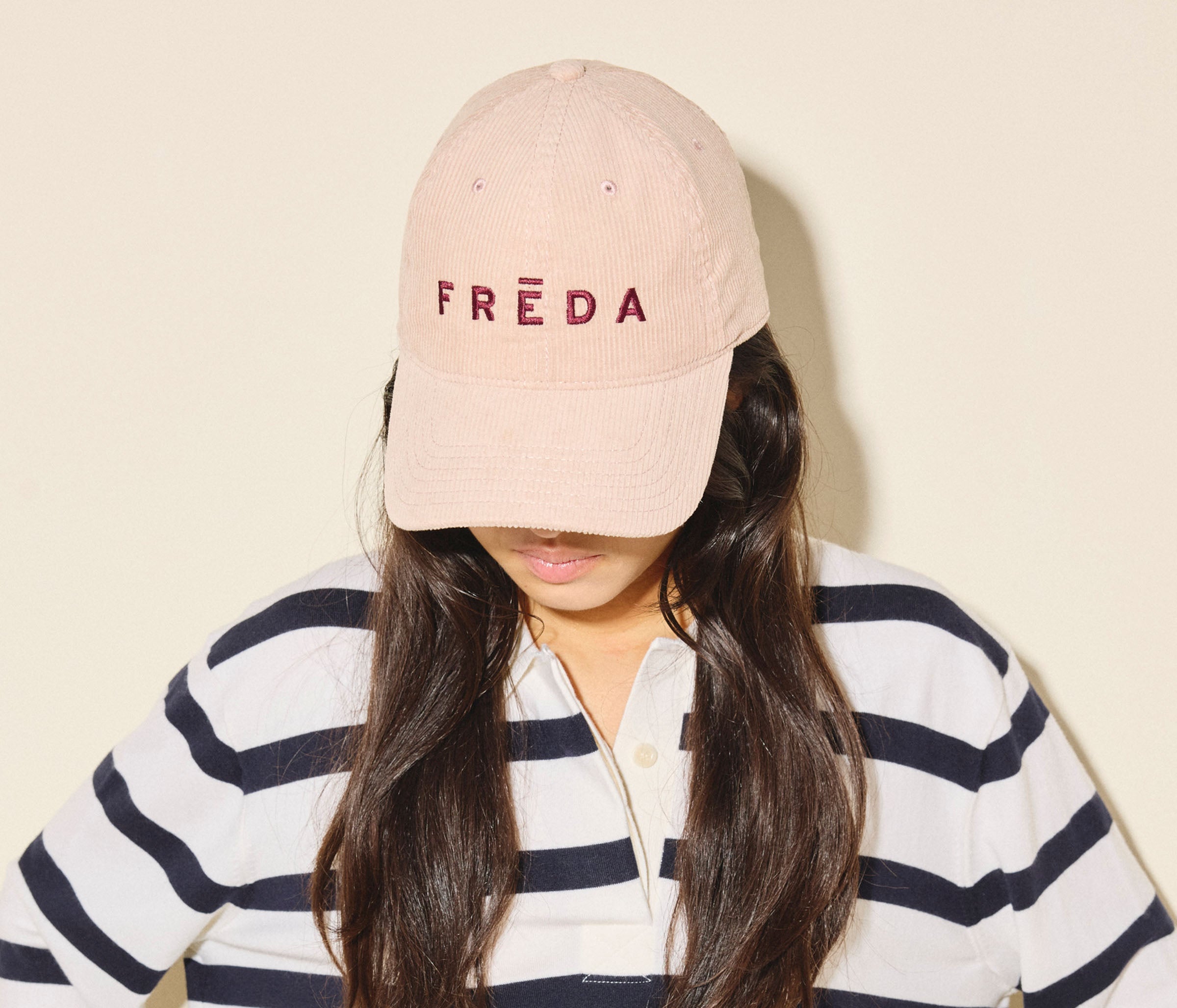 Embroidered Freda Hat in blush corduroy, on figure