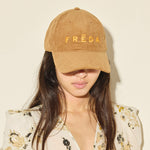 Embroidered Freda Hat in ginger corduroy, on figure