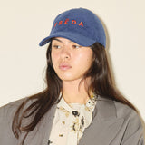 Embroidered Freda Hat in navy corduroy, on figure