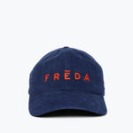Embroidered Freda Hat in navy corduroy, front view