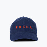 Embroidered Freda Hat in navy corduroy, front view