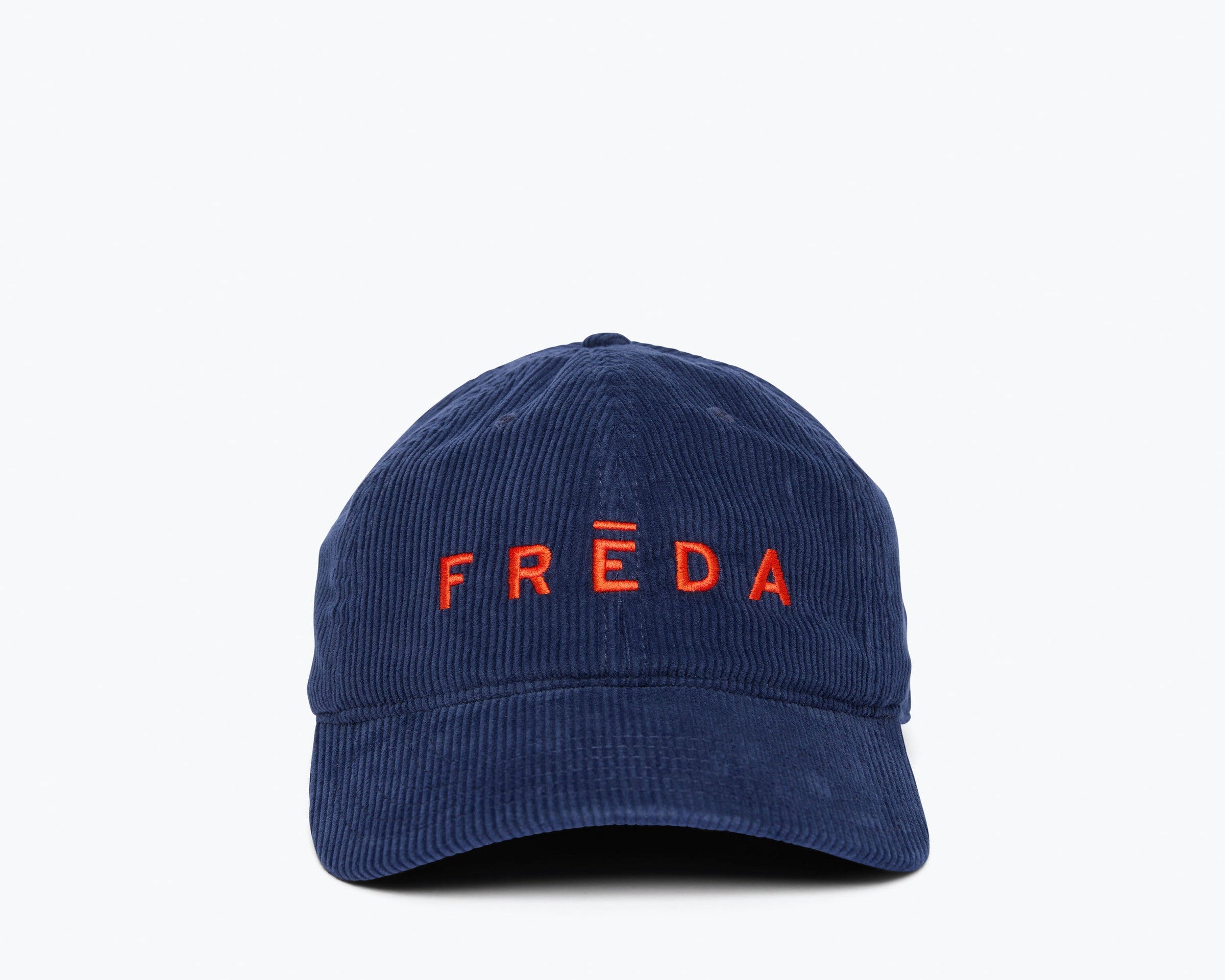 Embroidered Freda Hat in navy corduroy, front view
