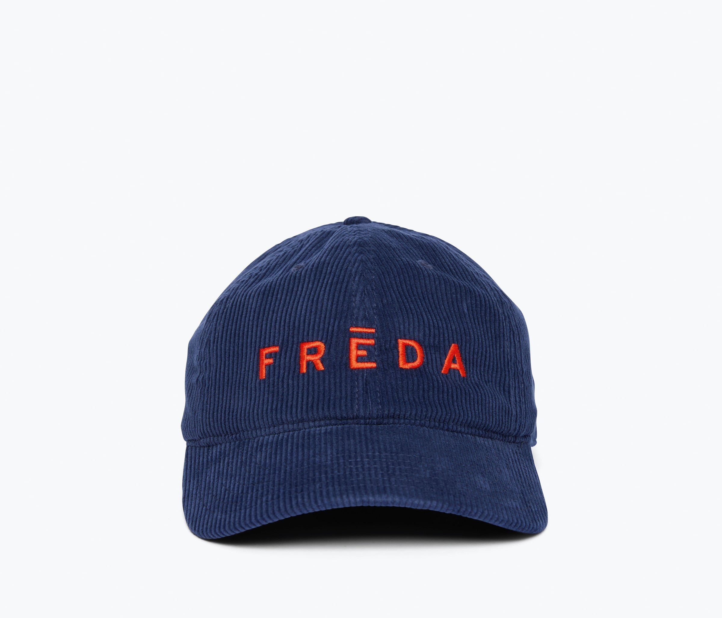 Embroidered Freda Hat in navy corduroy, front view