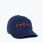 Embroidered Freda Hat in navy corduroy, side view