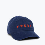 Embroidered Freda Hat in navy corduroy, side view