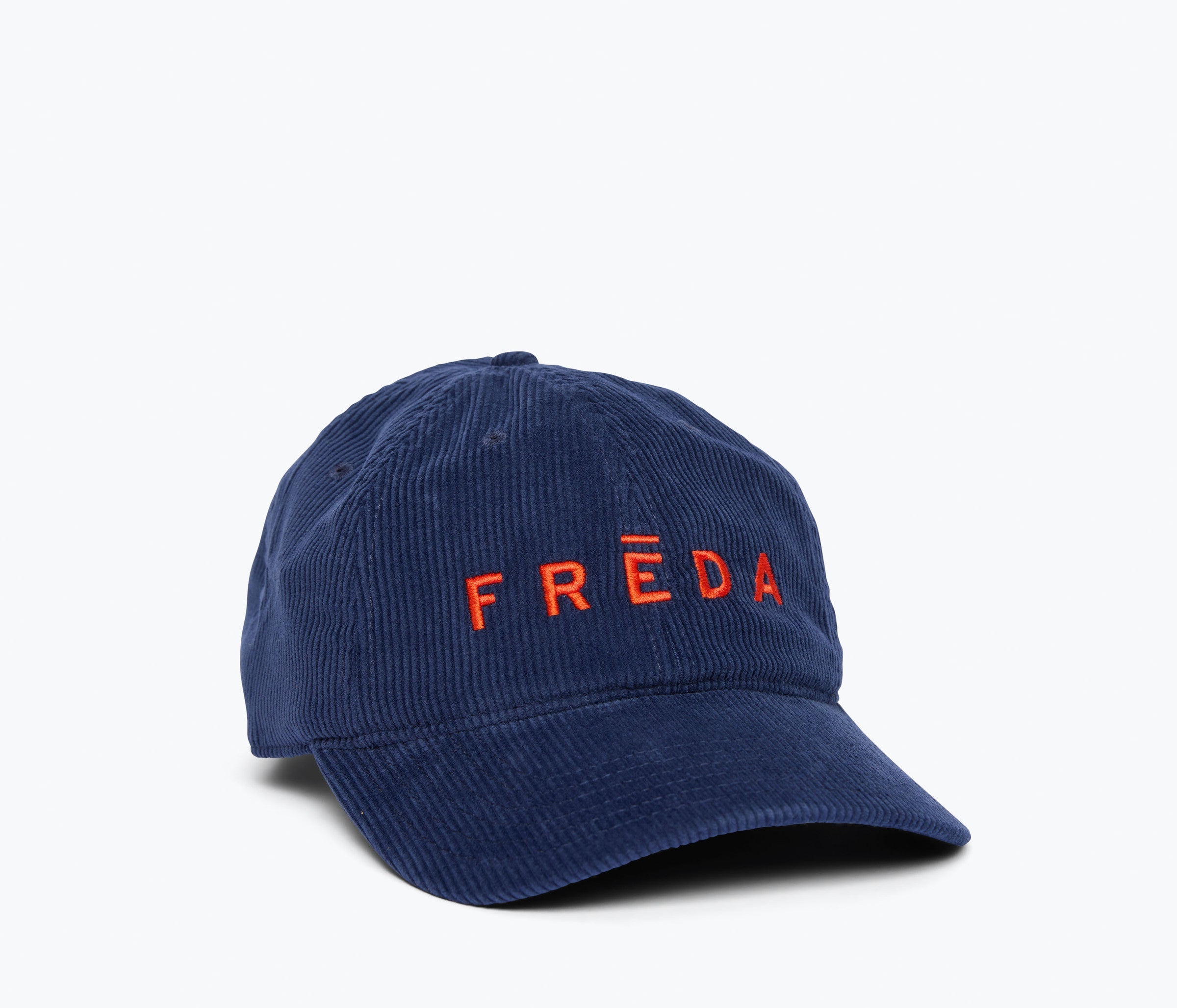 Embroidered Freda Hat in navy corduroy, side view