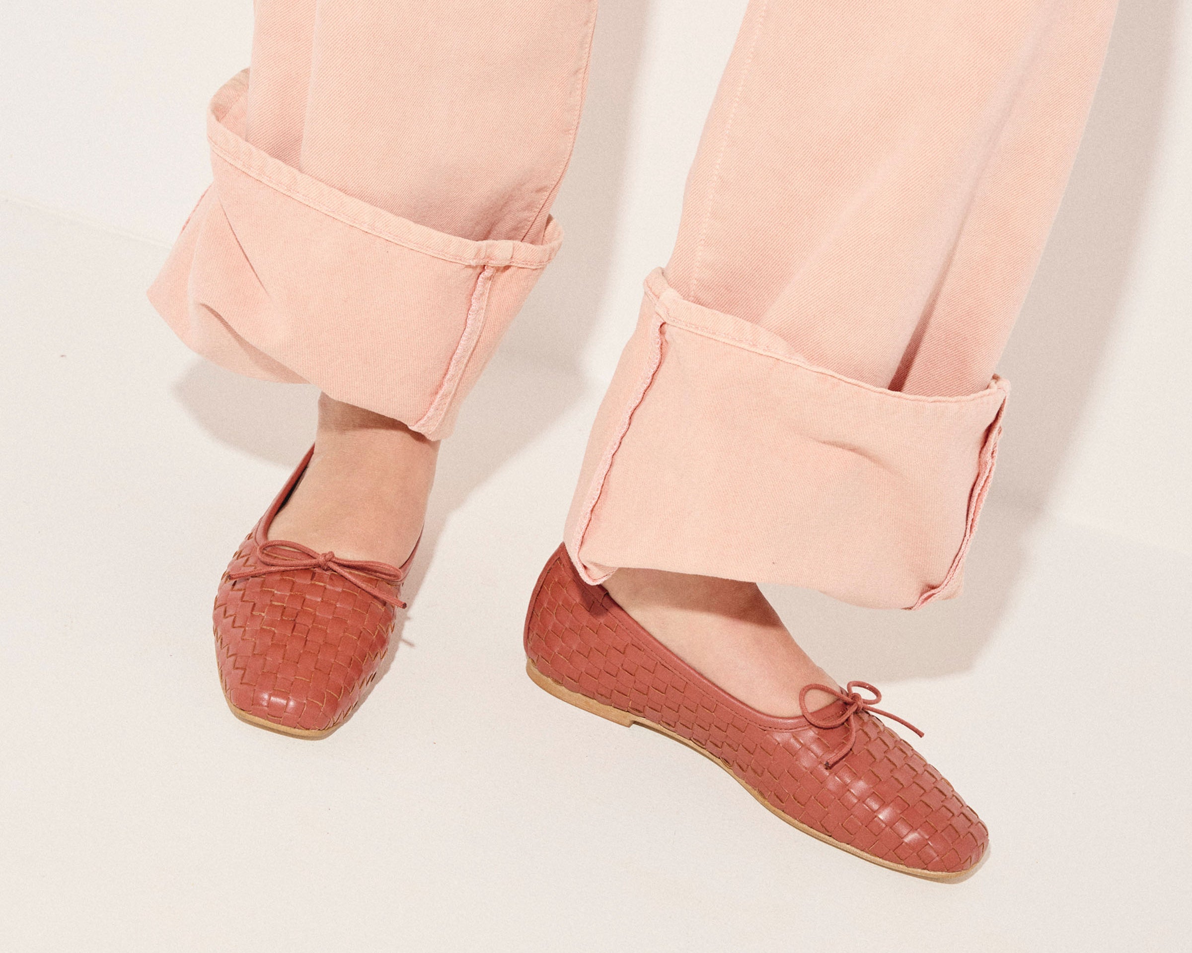 Fred Salvador JADA square toe ballet flat in woven clay color, featuring a sleek, minimalist design with a comfortable flat sole.