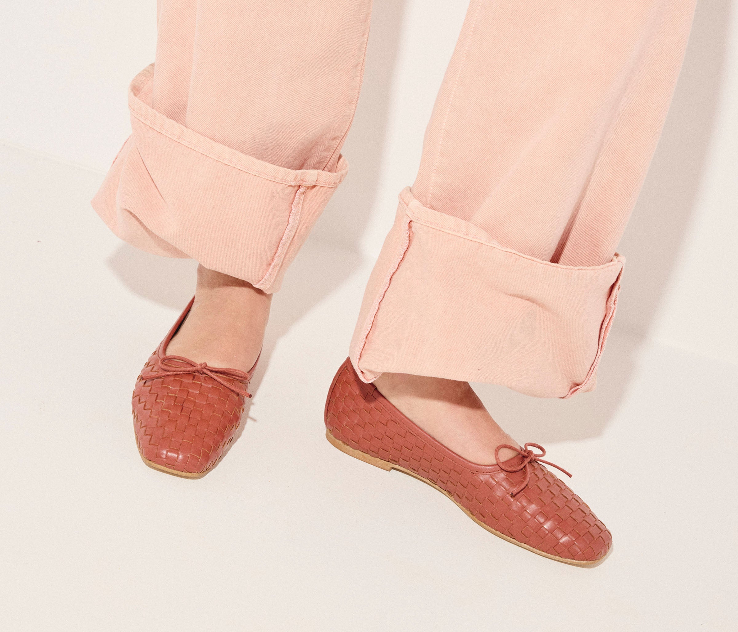 Fred Salvador JADA square toe ballet flat in woven clay color, featuring a sleek, minimalist design with a comfortable flat sole.