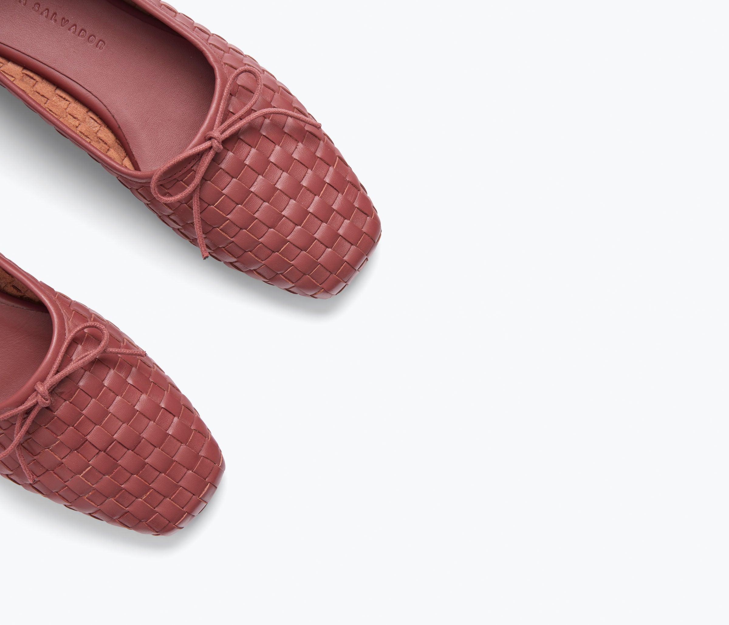 Freda Salvador JADA square toe ballet flat in woven clay-colored calf leather with a sleek, minimalist design.