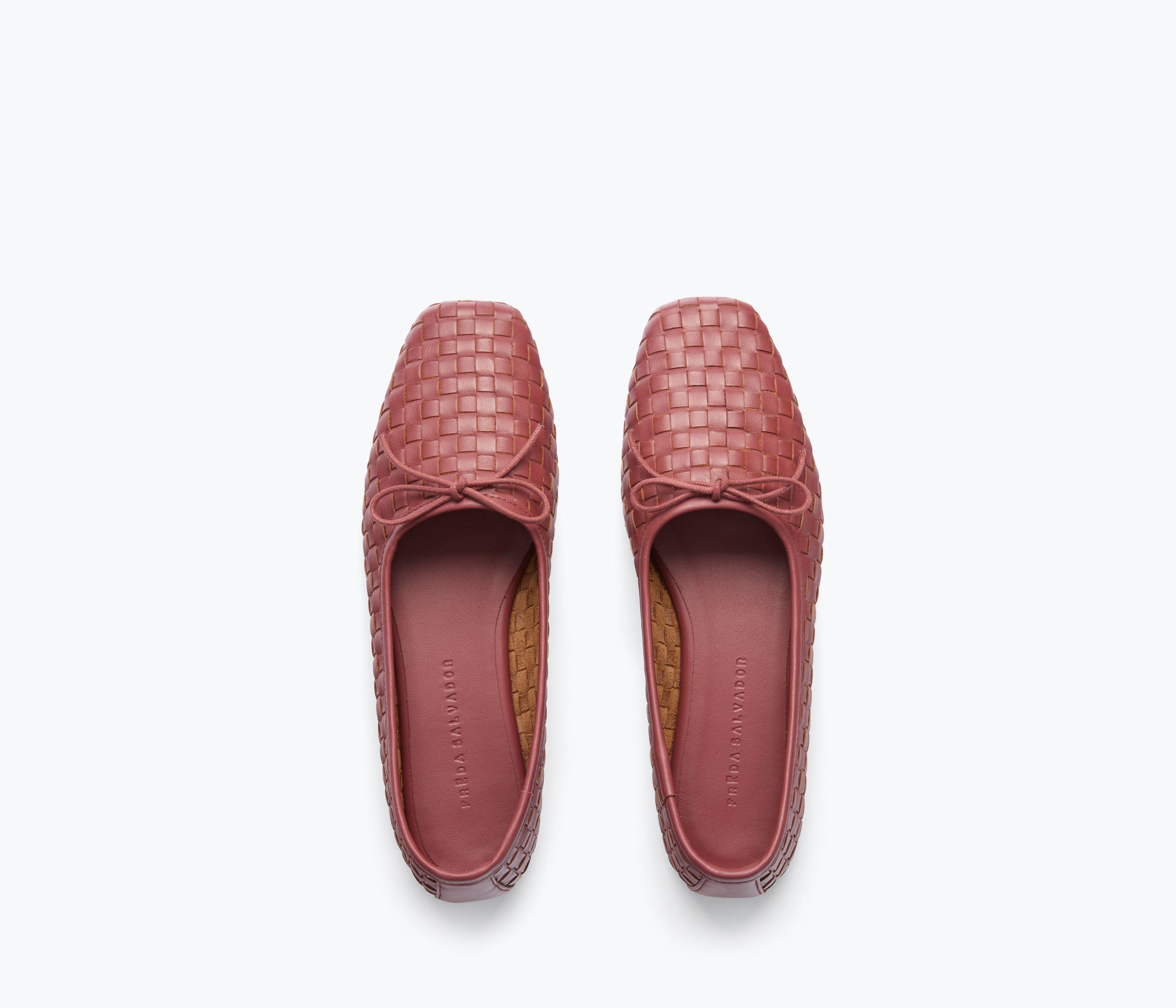 Fredrick Salvador JADA square toe ballet flat in woven clay leather with top stitching, showcasing a sleek, minimalist design.