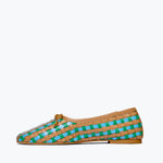 Freda Salvador JADA square toe ballet flat in cognac with multi-woven leather design, showing the inside view.