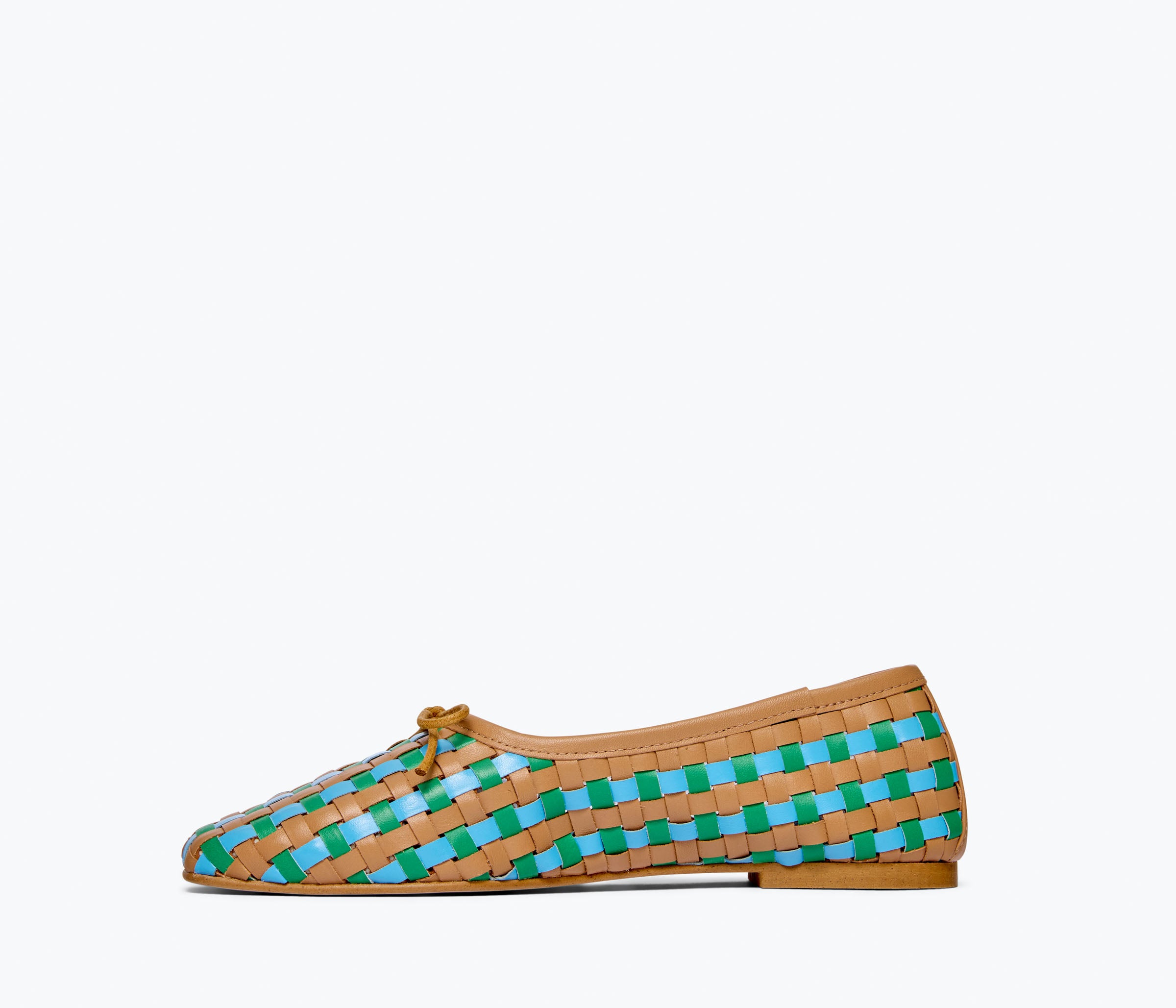 Freda Salvador JADA square toe ballet flat in cognac with multi-woven leather design, showing the inside view.