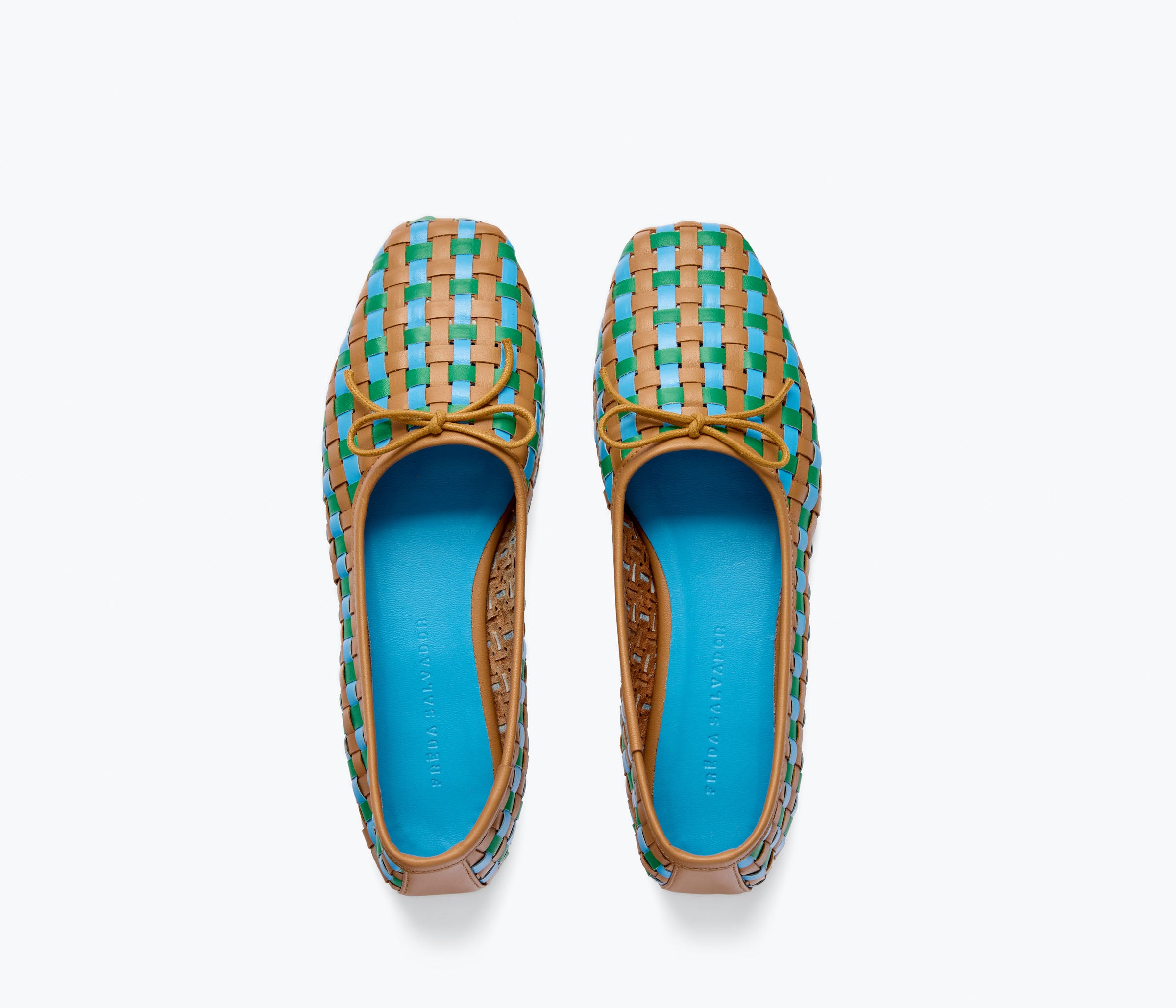 Fredas Salvador JADA square toe ballet flat in cognac with multi-woven top, showcasing a stylish and comfortable flat shoe design.