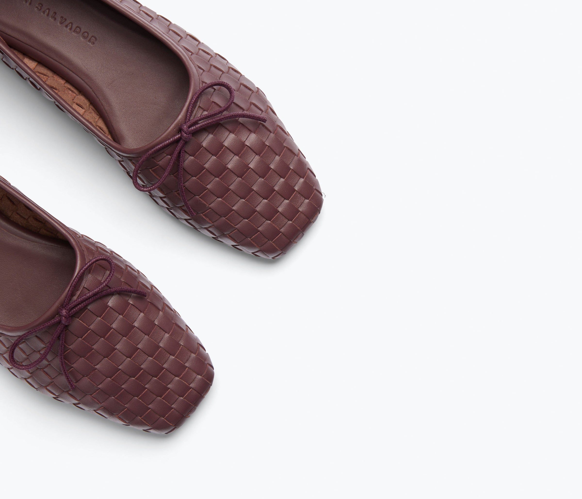 JADA square toe ballet flat in cranberry woven calf leather, detail view