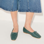 Freda Salvador JADA square toe ballet flat in emerald woven calf leather, featuring a sleek design and comfortable flat sole.